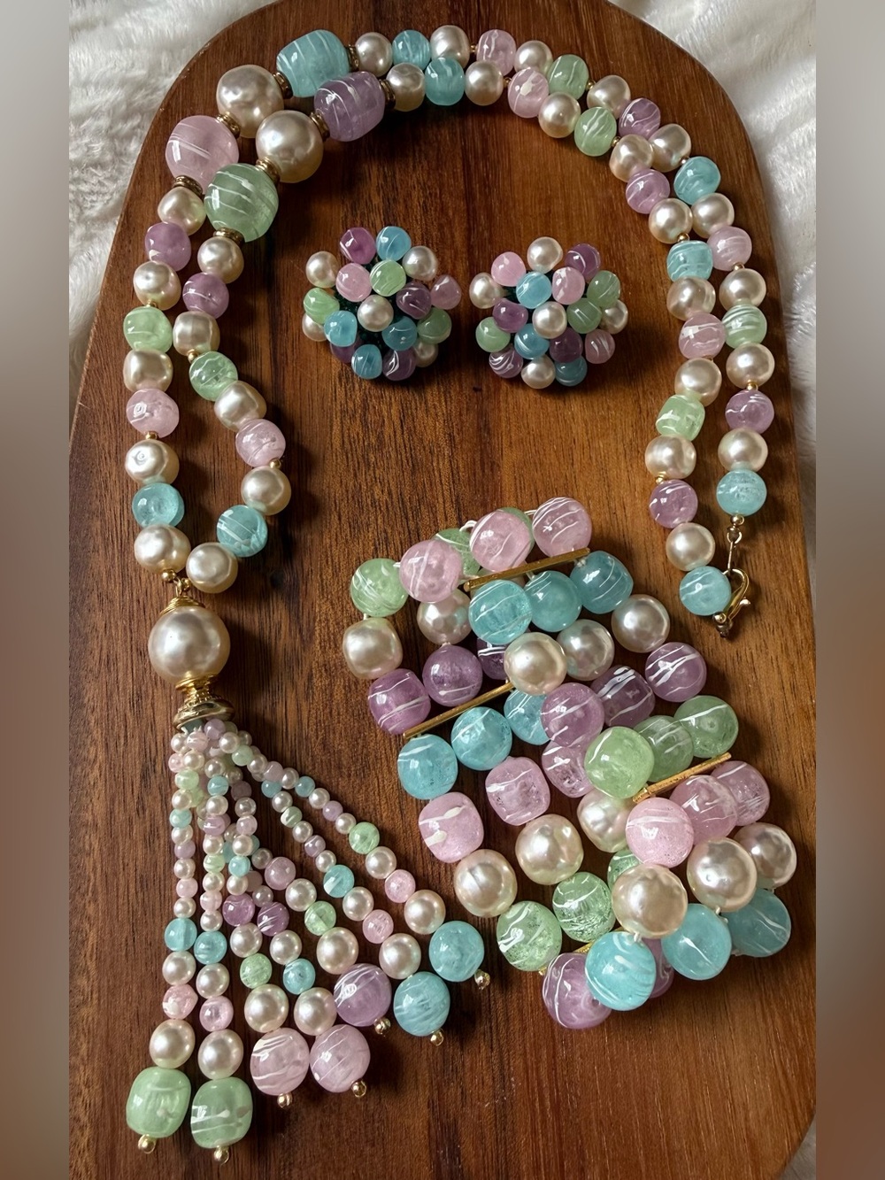 VTG Pastel Multi-Color Pearl & Bead Acrylic Necklace Clip Earrings Bracelet